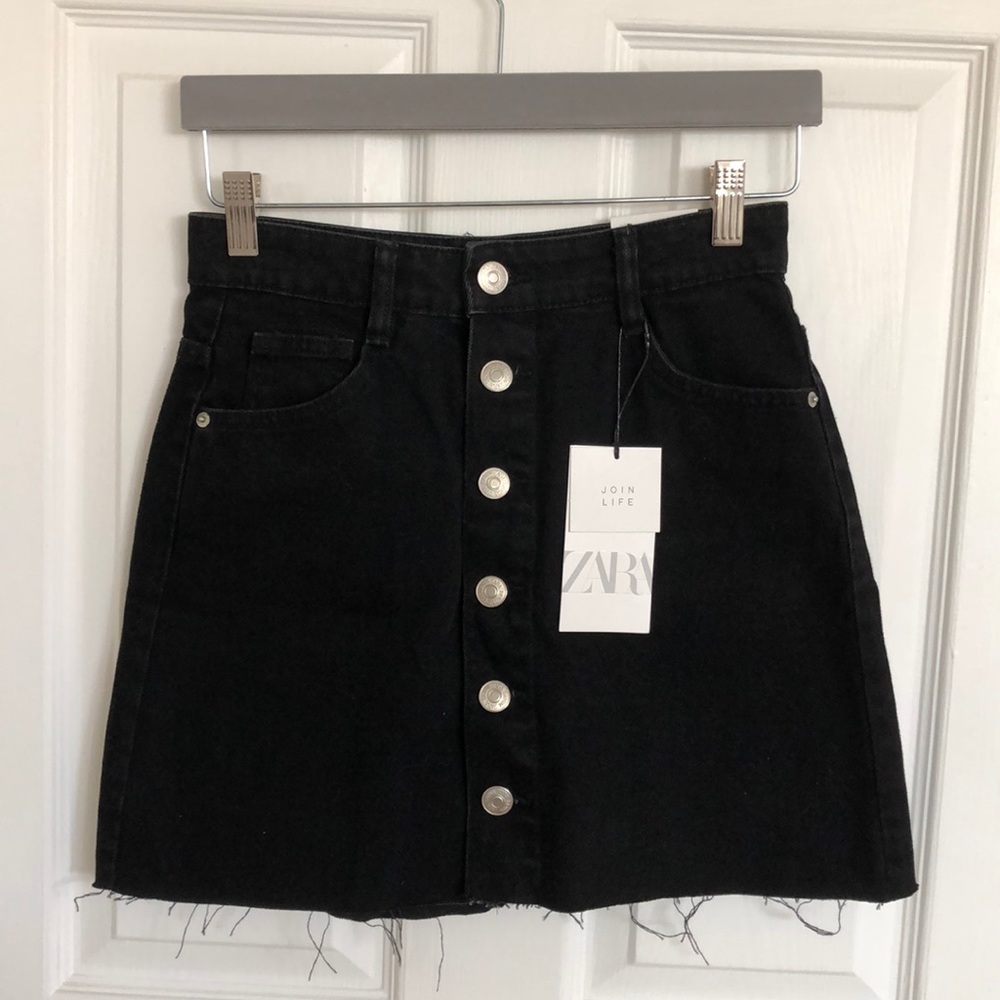 Zara Hi-Rise A-Line Black Denim Skirt